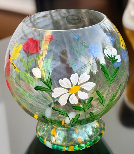 Hand Painted Clear Glass Vase Ball Bowl Flowers Bee Butterfly 5.25" Romanian - Picture 6 of 11