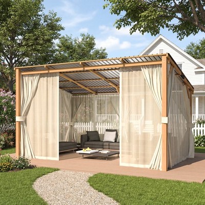 10x14 Wooden Hardtop Gazebo Pergola w/ Curtains & Netting Lean to Patio Shelter