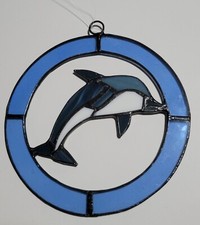 Stained Glass Dolphin Suncatcher Ornament Window Hanging Beach Wall Decor Blue