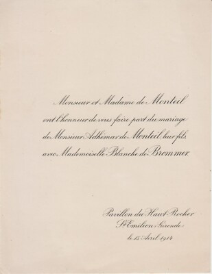 1914 Heiratsurkunde Adhémar de MONTEIL & Blanche de BROMMER - Gironde.