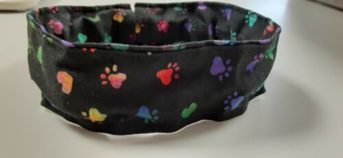 Dog Collar Cover, Scrunchie, Black, Colorful Paw Prints, Small - Picture 1 of 3