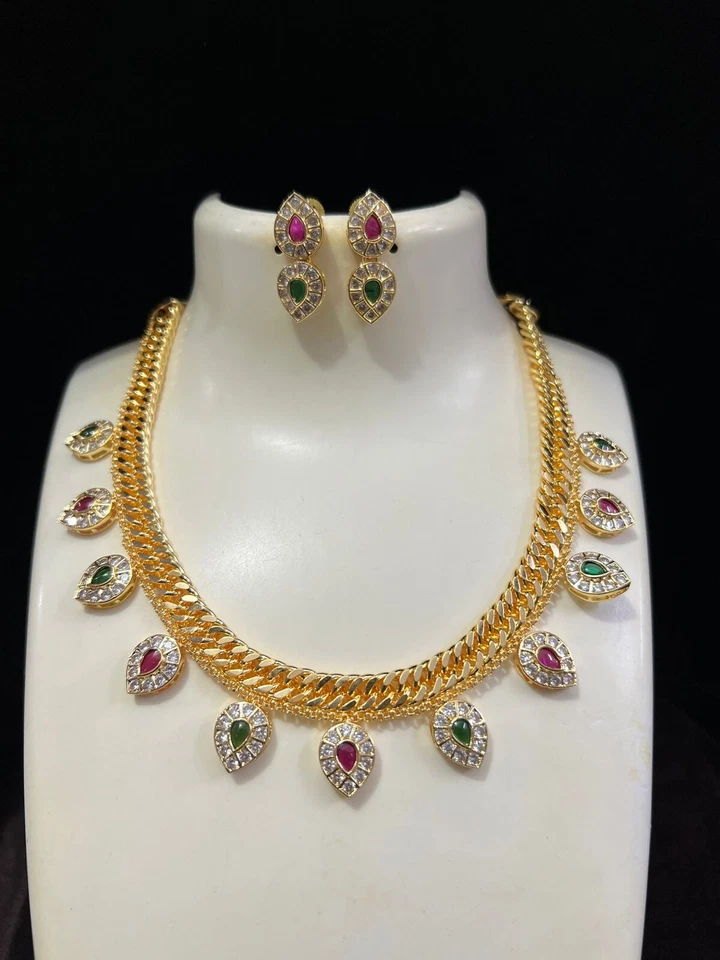 Cubic Zirconia Necklace, Designer Jewelry, Matte Finish, South Indian Temple Jew - Image 2 of 3