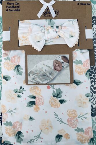 NEW Baby Essentials Photo Op Headband Bow & Swaddle White/Peach Floral Newborn - Picture 1 of 2