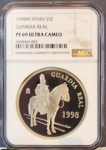 1998 SPAIN SILVER 5 EURO S5E GUARDIA REAL NGC PF 69 ULTRA CAMEO RARE TOP POP