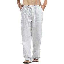 Mens Cotton Linen Baggy Trousers Wide Leg Elastic Waist Casual Loose Harem Pants