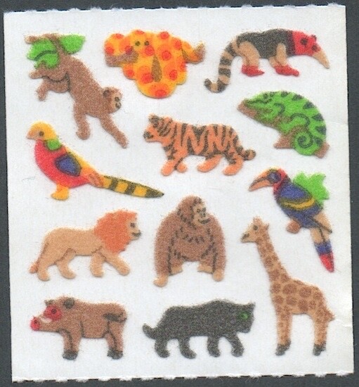 Vintage 1980s Sandylion Mini Fuzzy Wild Jungle Zoo Animals Sticker MOD Strip X2