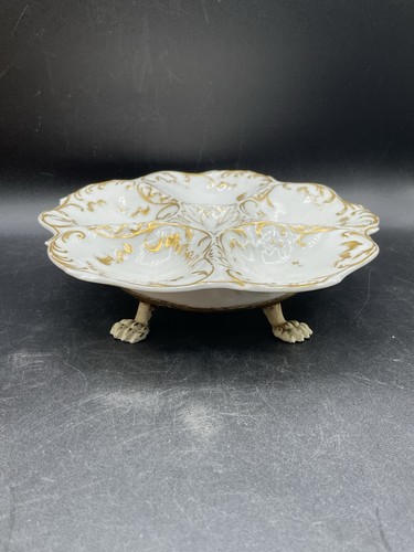 Oyster Plate 5-well Gold Trim (Metal Animal Claw footed base ASIS) Limoges? - Picture 5 of 14