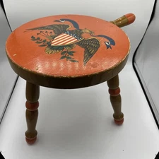 1950’s Vintage Americana Rustic 3-leg Wooden Milking Stool With Handle Eagle 