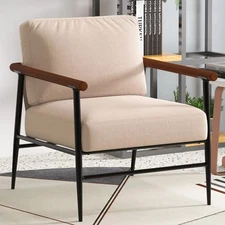 CANMOV 27" Wide Upholstered Wooden Armchair With Metal Legs And Pillow,Beige