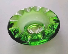 Vintage Mid Century Heavy Green Glass Ashtray Cigar Cigarette Scalloped Edge MCM