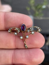 15ct Gold Murlle Bennett Amethyst & Seed Pearl Art Nouveau Brooch 2.8 Grams