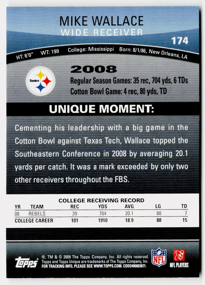 2009 Topps Unique Mike Wallace #174 - Pittsburgh Steelers - Image 2 of 2