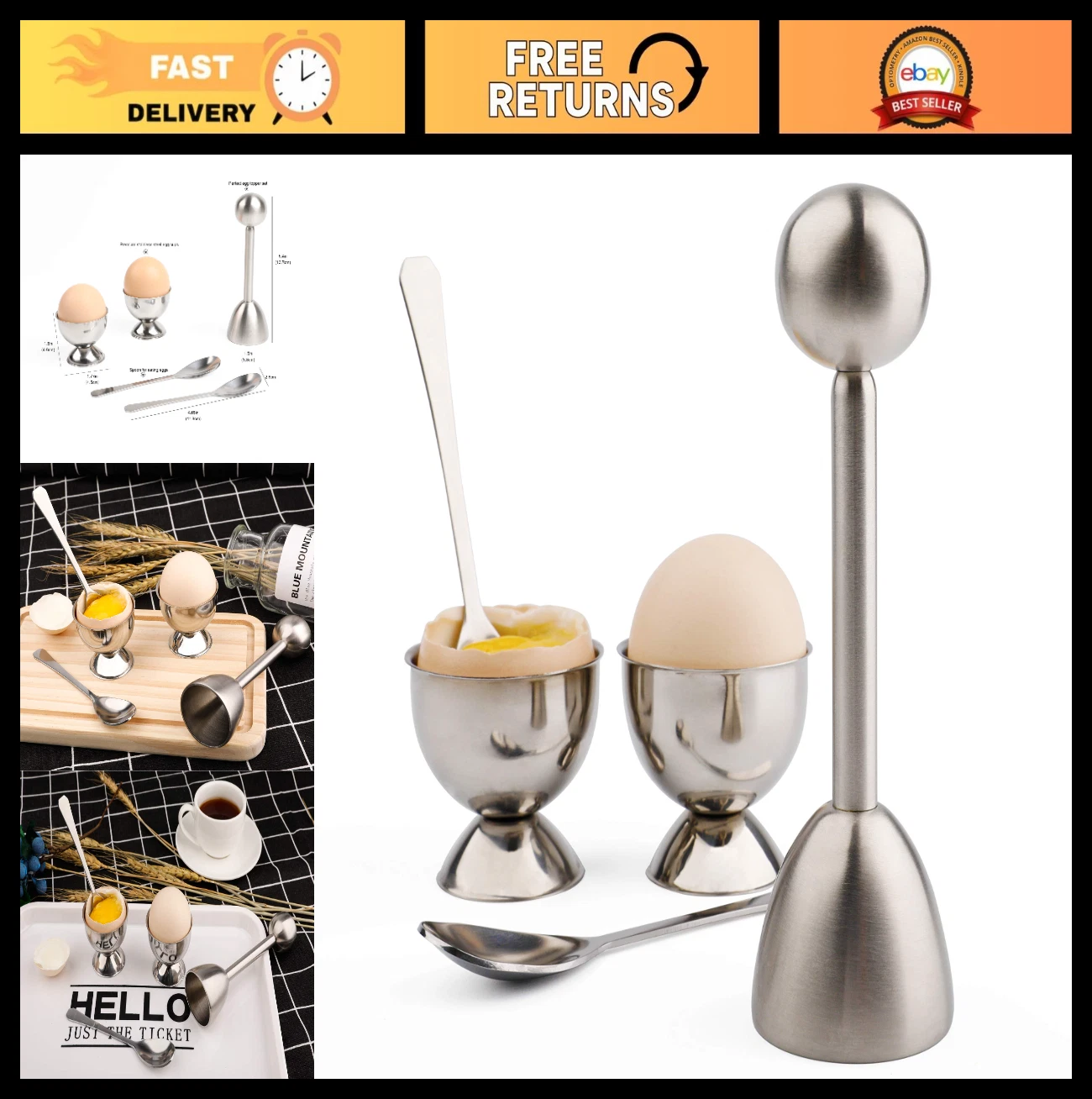 Egg Cracker Topper Cutter Set - Stainless Steel Shell Remover, 2 Egg Cups & Spoo
