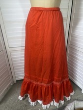 VTG 70s Handmade Red Prairie Maxi Skirt Boho Cottagecore Eyelet Lace X Large
