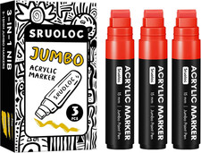 3 Jumbo Permanent Markers Red, 15mm Thick Wide Tip, Large Acrylic Paint Marke...