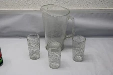 Vintage MCM Spaghetti String 9" Pitcher w/ 3 5" Matching Glasses
