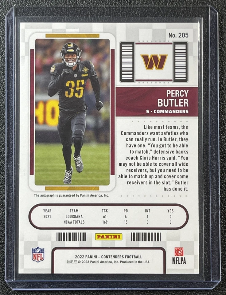 PERCY BUTLER 2022 PANINI CONTENDERS #205 ROOKIE CRACKED ICE TICKET RC AUTO 19/22 - Image 2 of 2