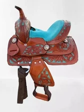 Torquise Suede Seat Premium Western Horse Pony Floral Tooled 8 inch Saddle