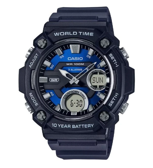 Casio Reloj Hombre Negro Satinado Banda Día Fecha Calendario Telememo 52MM AEQ120-2AV