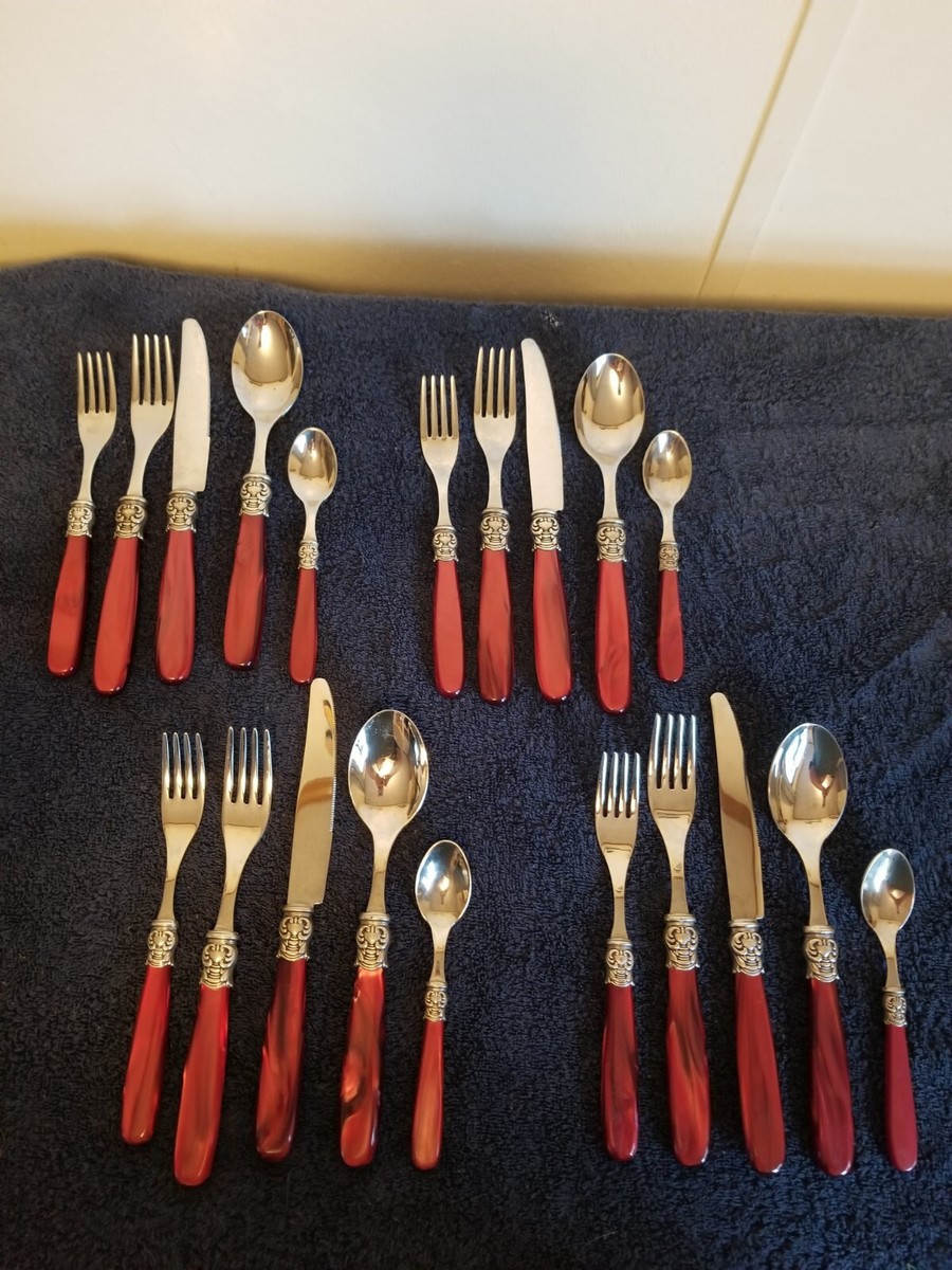 Rare Vtg 4 Place settings EM3 INOX 18/10 cranberry handle