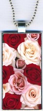 Rose Roses Floral Flowers Rectangular Pendant Charm Necklace 24" Chain NEW COOL