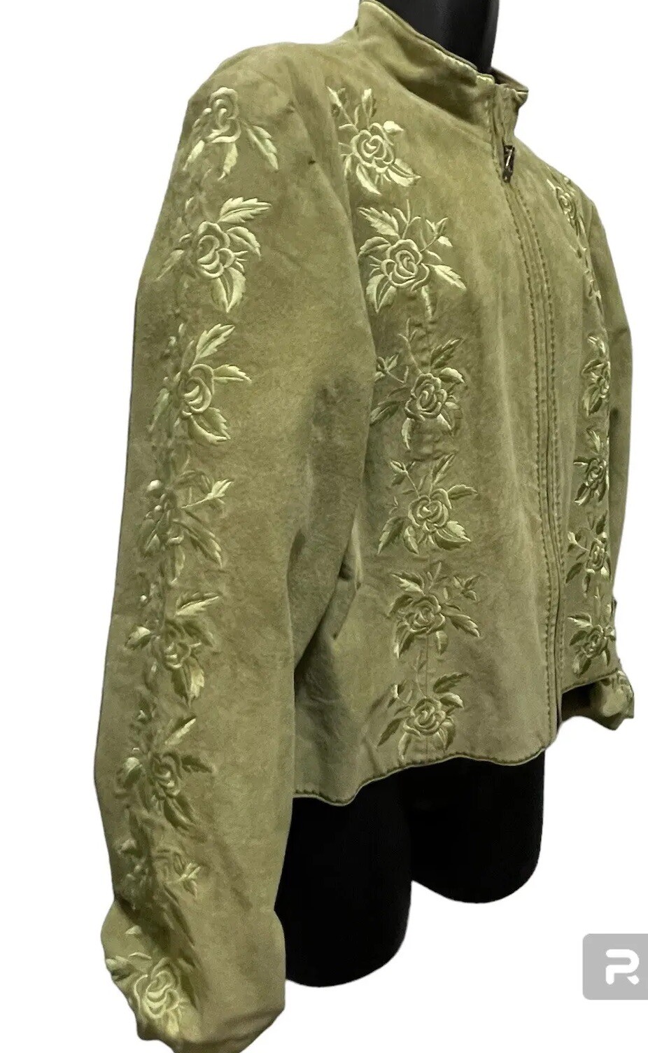 Vintage Metro Style Leather Jacket Women’s Size XL Green Embroidered Roses