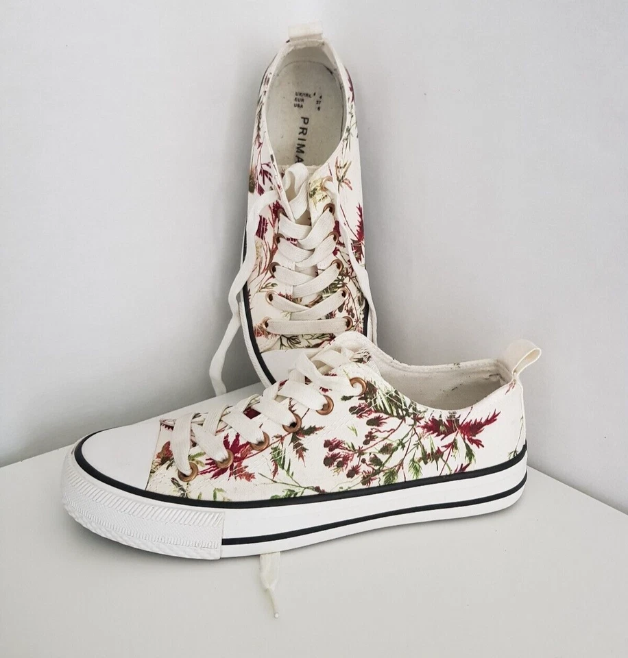 Primark Womens White Multi Floral Canvas Trainers (Converse Style) UK- 4 - Image 2 of 4