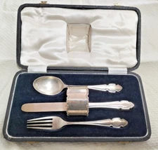 Antique 1923 Sterling Silver Christening Set Knife Fork Spoon Serviette cased