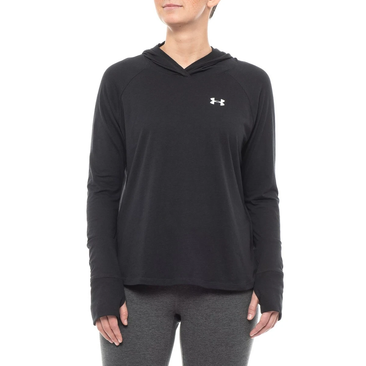 UNDER ARMOUR Womens XS Black Cotton Blend Thumb Holes Workout Running Hoodie