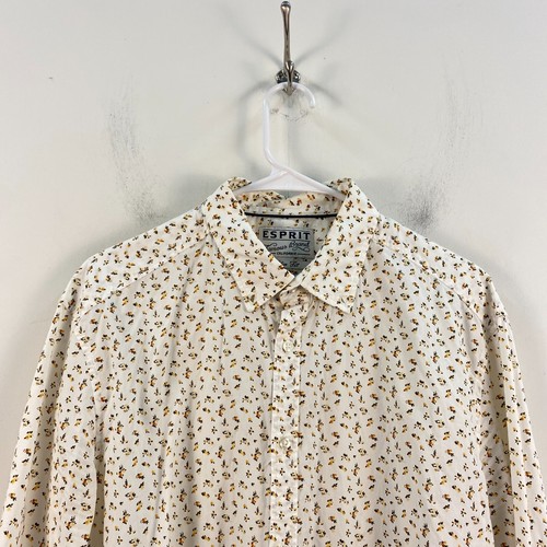 Esprit Mens Medium Shirt Top Blouse White Yellow Button Collar Woven Floral 7901 - Picture 3 of 9