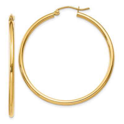Real 14kt Yellow Gold Polished 2x40mm Lightweight Tube Hoop Earrings