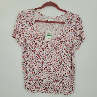 Hippie Rose Junior Women's Floral-Print Henley Neck Top Large
