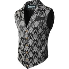 Men Gothic Victorian Black/Silver Brocade Waistcoat Vest Jacquard Tuxedo Vest