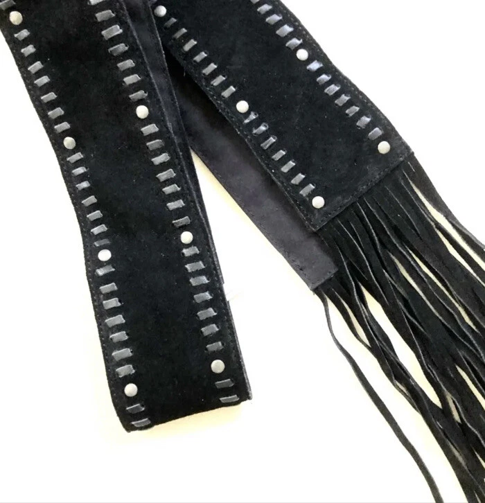 Cinturón envolvente Free People Blaire con flecos gamuza tachonado lazo ancho cintura negro O/S NUEVO Foto 3 de 4