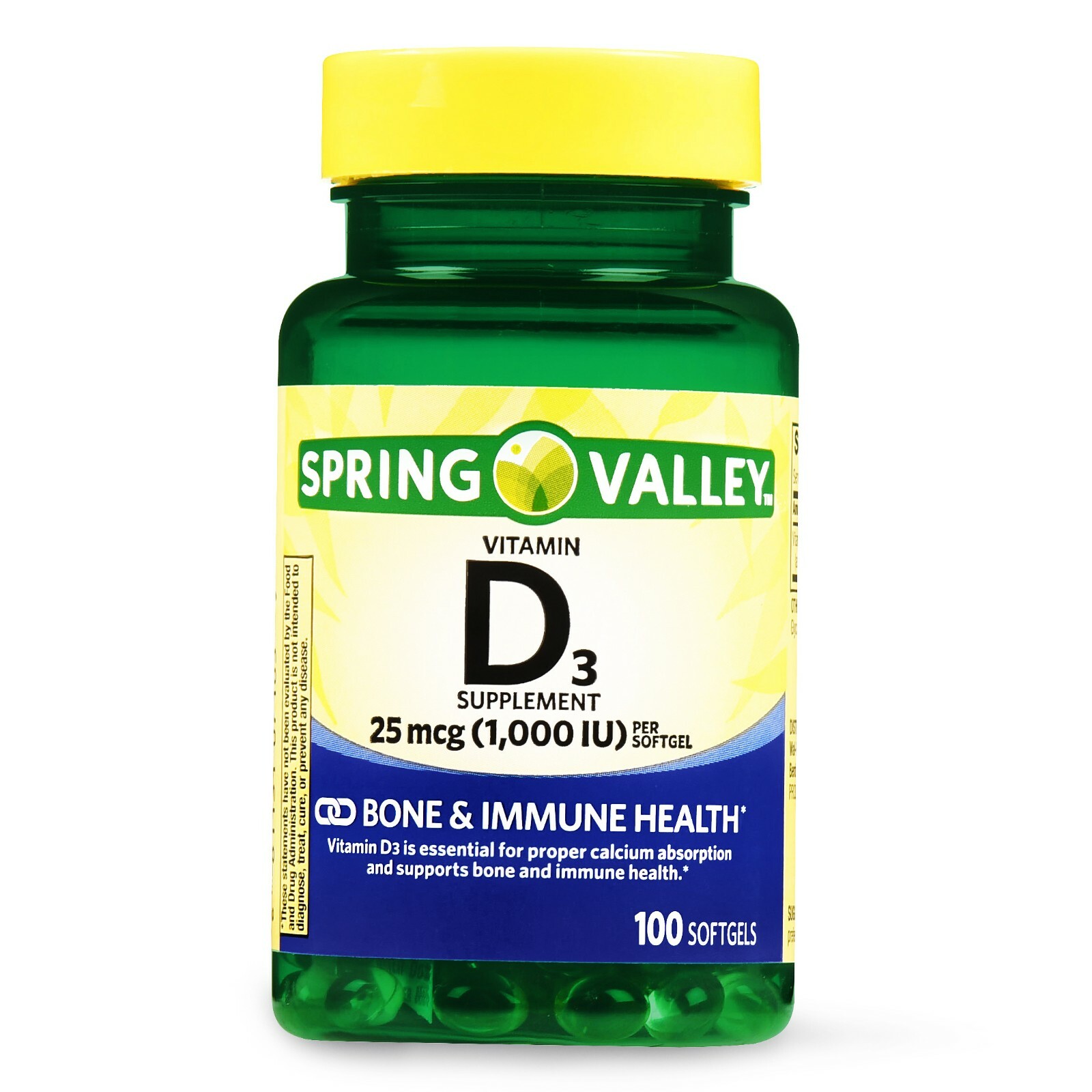 Vitamin D 3 Softgels, 1000IU, 100ct Immune System & Health. Spring