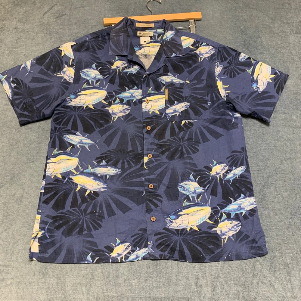 Columbia River Lodge Hawaiian Shirt Men Large Multicolor Fish Print Short Sleeve
