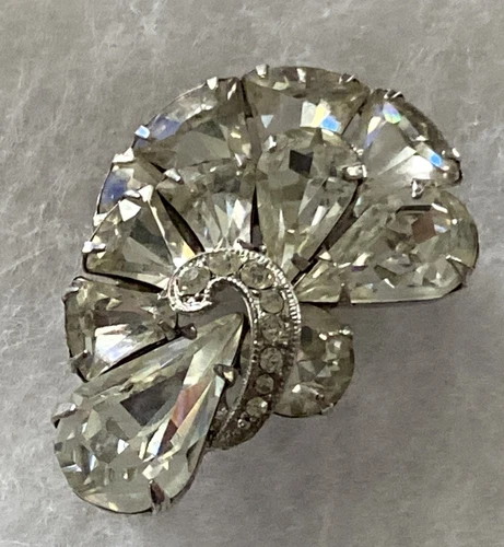 EISENBERG Clear Rhinestone Brooch Silver Tone VTG Pin  Marquise Teardrop 1.75”
