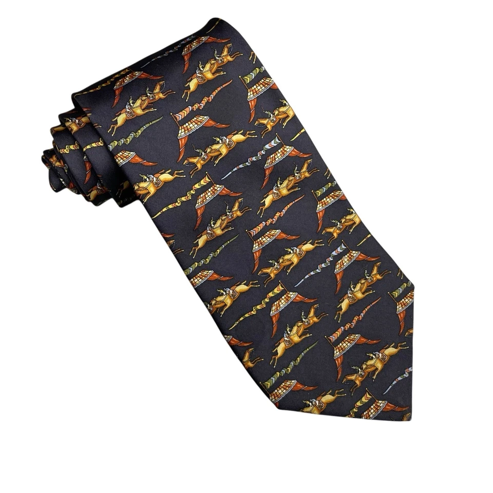 Salvatore Ferragamo Hombre Corbata Carrera Caballos y Jinetes Azul Oscuro Seda 3.75" x 59.5" Foto 2 de 4