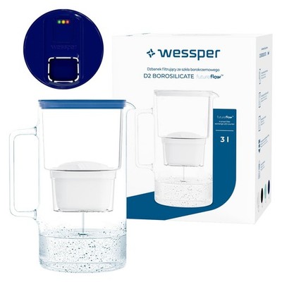 Wasserfilter Kanne Glas blau 3L Wessper D2 BOROSILICATE FutureFlow 1 Filter