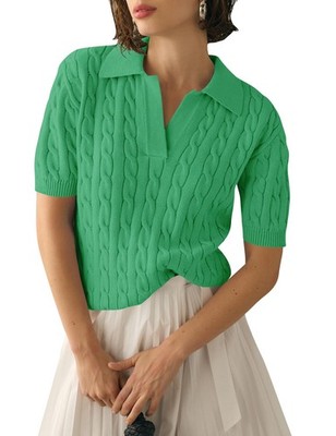 Women's Cable Knit Sweaters Short Sleeve V Neck Business Casual Pullover Tops...