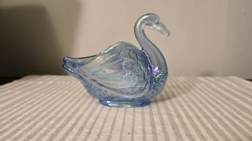 Vintage MCM Fenton Blue Opalescent Glass Swan Trinket Dish