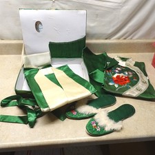 Vintage Asian Japanese Embroidered Floral Silk Pajama Set, Robe, Slippers