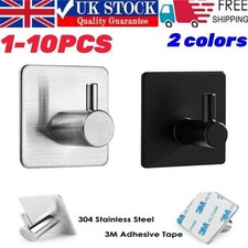 Self Adhesive Hooks 1-10 Strong Heavy Duty 3M Sticky Coat Door Towel Rack Silver