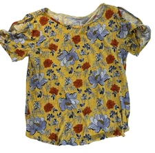 Loft Blouse Women's M Yellow Floral Orange Blues Cream Open Sleeve