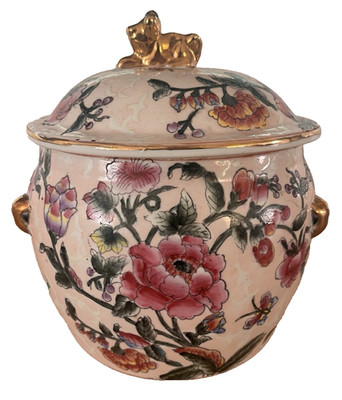 Vintage Porcelain Famille Rose Lidded Jar Gold Accent Foo Dog 9 1/4''