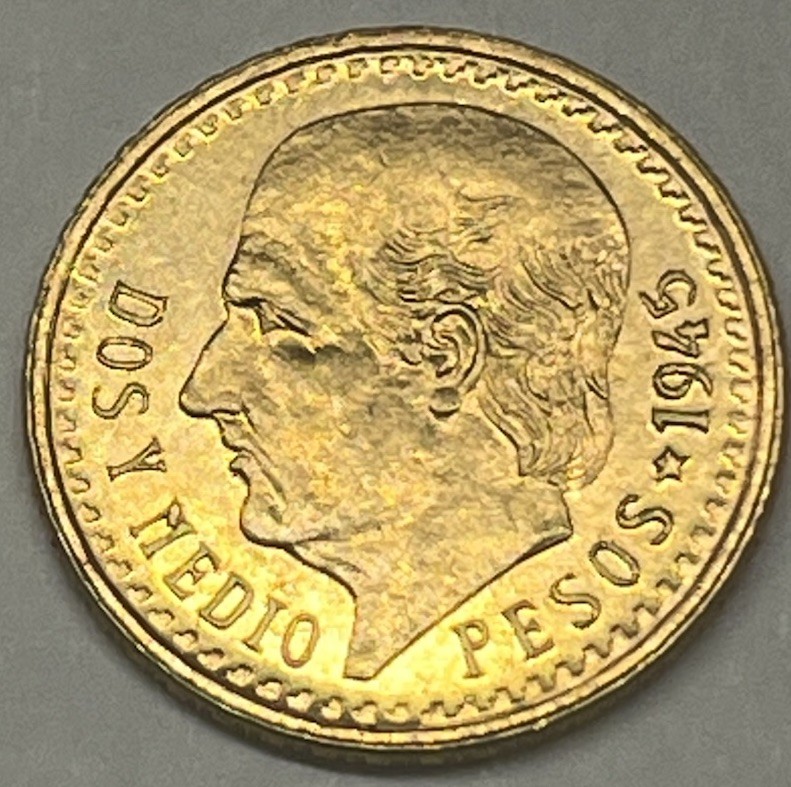1945 Mexico Gold 2.5 Dos y Medio Pesos Gold Coin. A BU Beauty