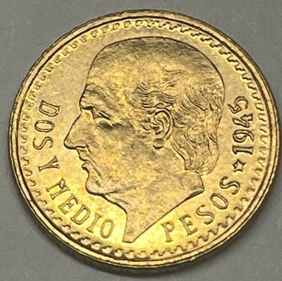 1945 Mexico Gold 2.5 Dos y Medio Pesos Gold Coin. A BU Beauty