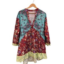 TITLEBoho Patchwork Floral Tunic Dress Medium High Low Ruffle Hem Long Sleeve