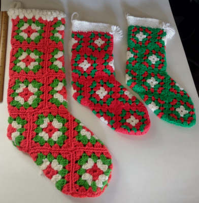 3 Vintage Handmade Granny Square Crocheted Christmas Stockings *14 & *22