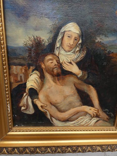 Antique French oil canvas pieta jesus painting religious - Picture 5 of 9
